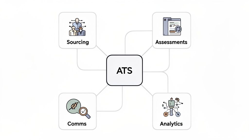 A diagram showing an Applicant Tracking System (ATS) connected to Sourcing, Assessments, Comms, and Analytics modules.