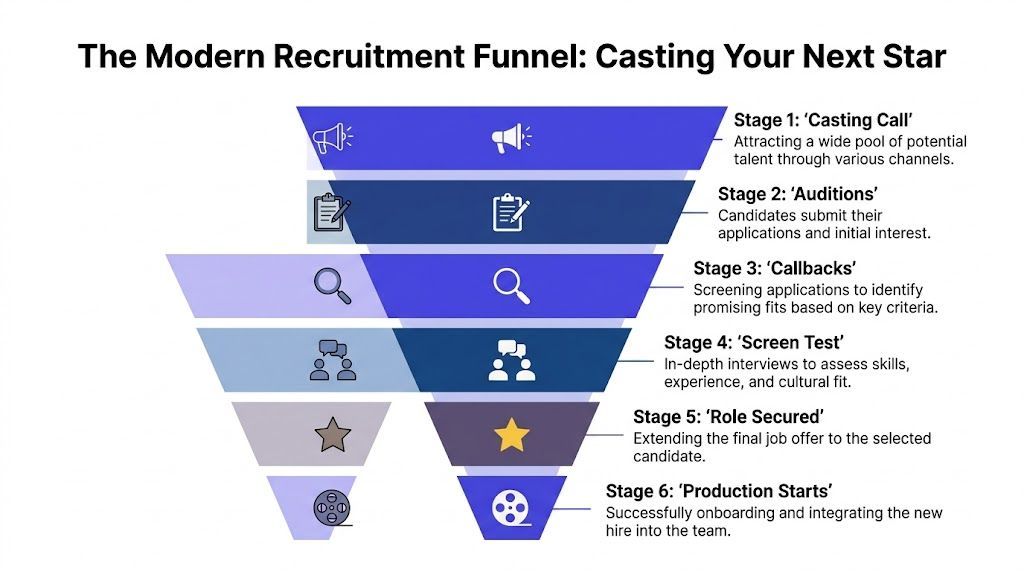 A funnel diagram illustrating the six-stage process of modern recruitment for hiring a new employee.