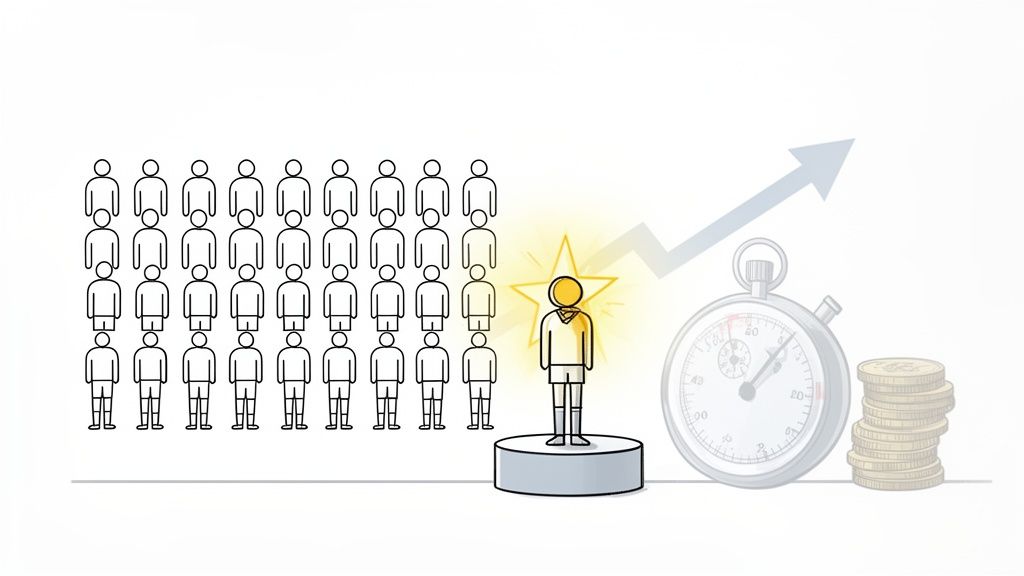 One shining individual on a pedestal, representing quality hire, improving time and financial outcomes.