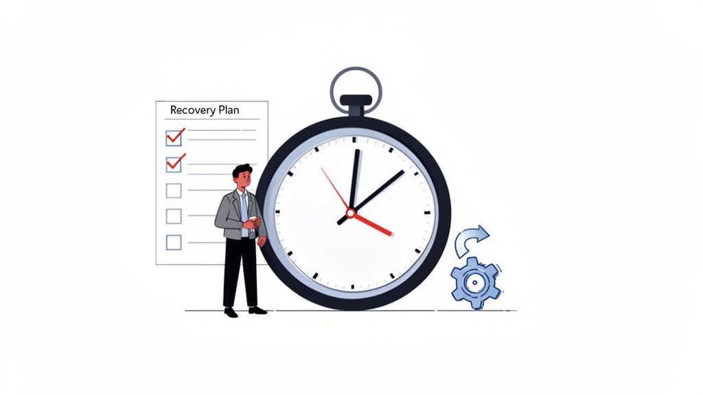 A man in a suit stands next to a large stopwatch, reviewing a recovery plan checklist.