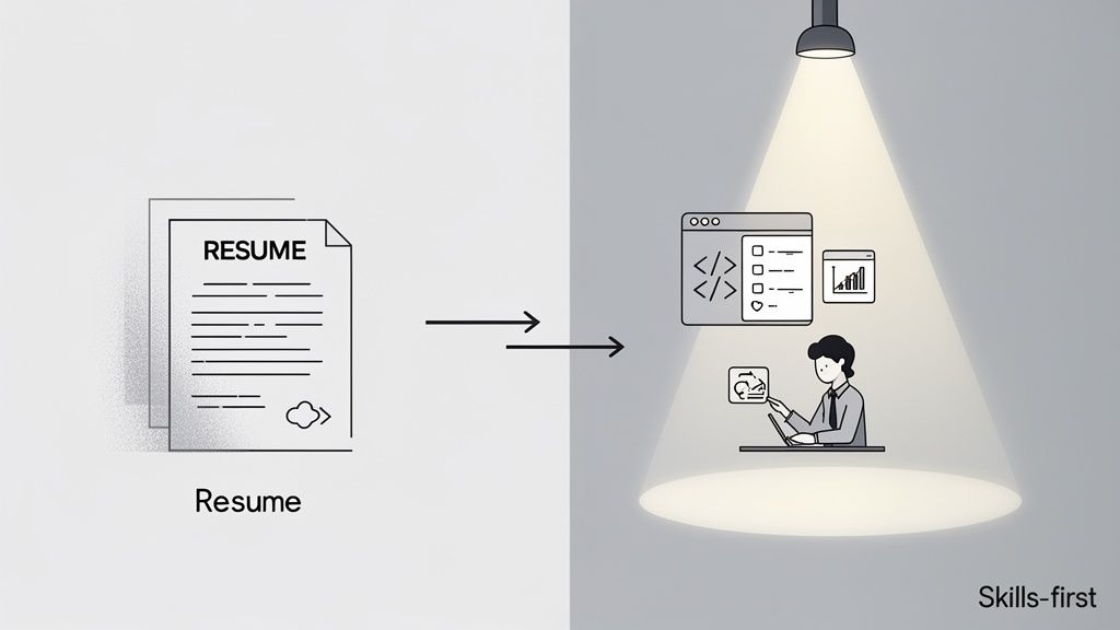 A visual representation of transitioning from traditional resumes to a skills-first hiring model.