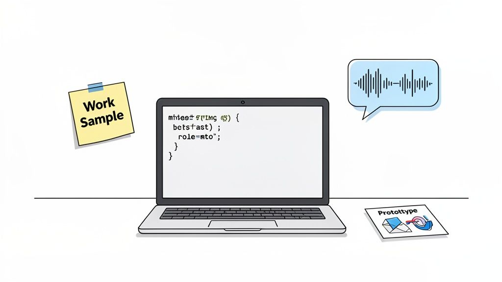 A minimalist workspace featuring a laptop displaying code, a 'Work Sample' note, an audio waveform, and a 'Prototype' document.