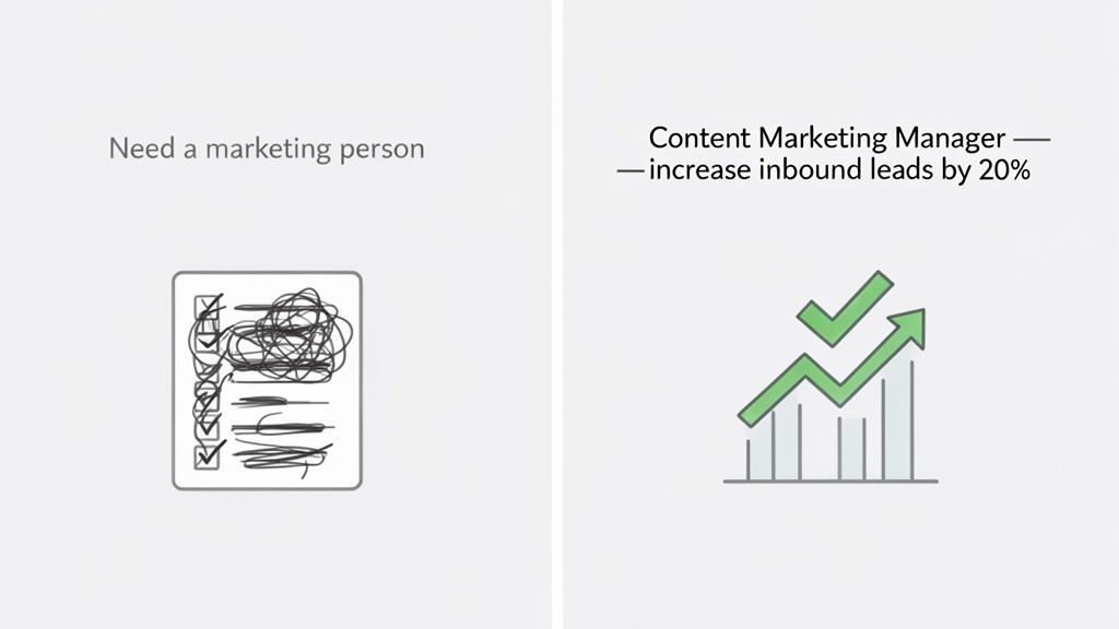 This image contrasts a vague marketing hire request with a specific, goal-oriented content marketing manager role.
