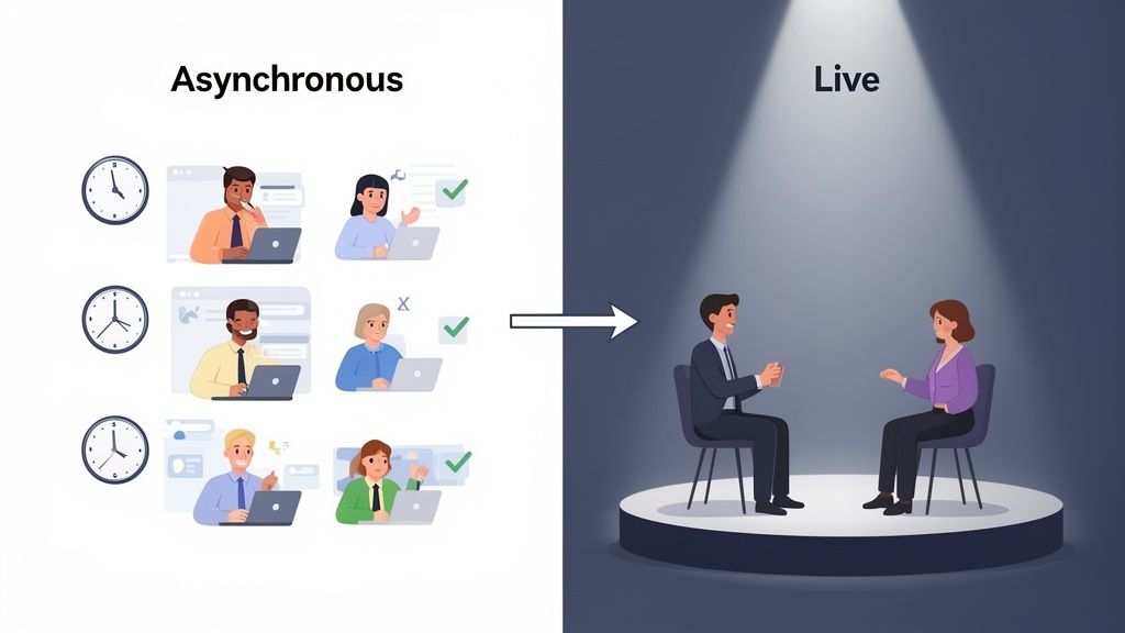 Image contrasting asynchronous individual work at various times with a live, two-person, spotlighted interview.