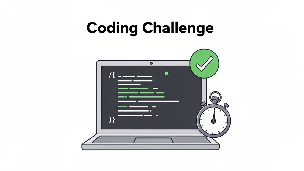 An illustration of a laptop displaying code, a green checkmark, and a stopwatch, with text 'Coding Challenge'.