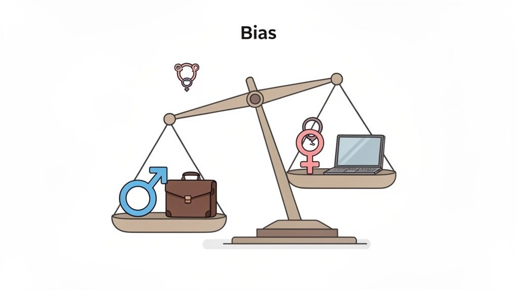 A scale illustrates gender bias, with the male symbol and briefcase outweighing the female symbol, clock, and laptop.