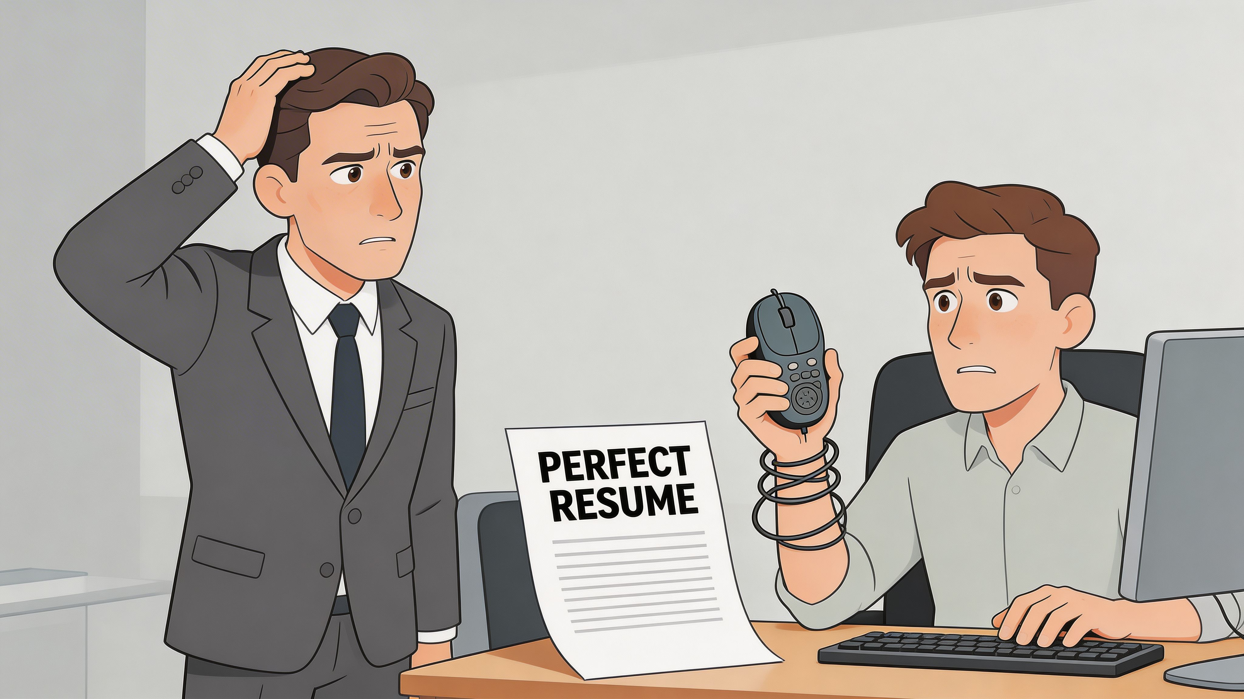 A confused businessman looks at a coworker who is tangled in a computer mouse cord while working.