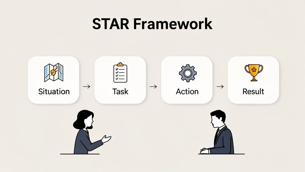 Diagram illustrating the STAR Framework with steps: Situation, Task, Action, Result, and two people conversing.
