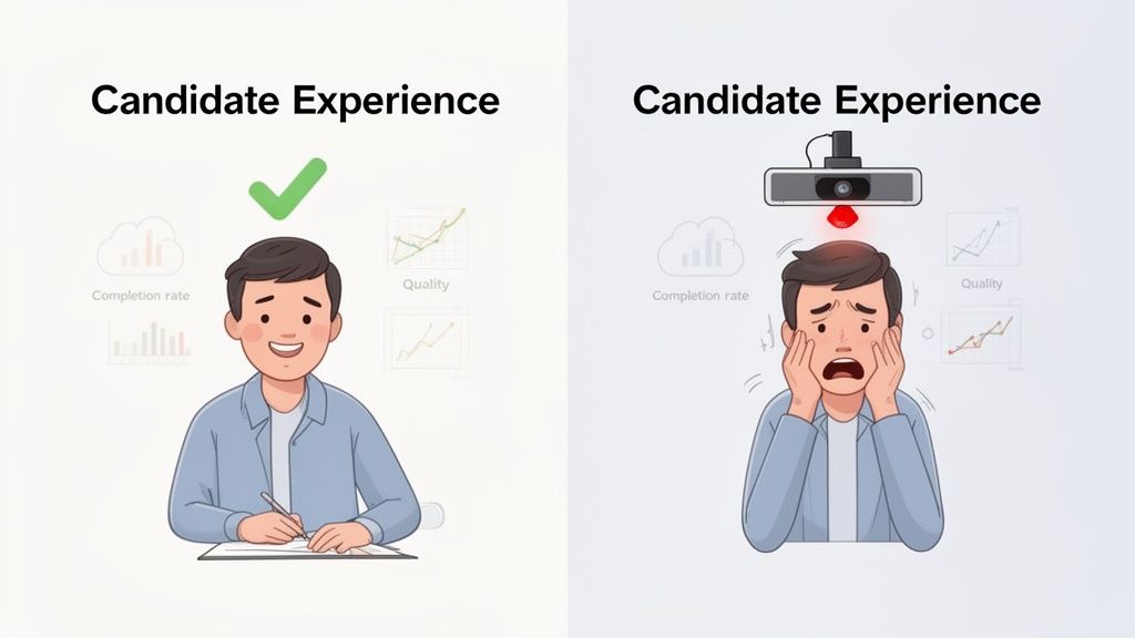 Comparison showing a happy candidate experience versus a stressed one due to proctoring surveillance.