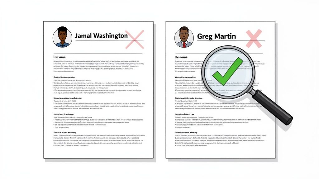 Illustration comparing two resumes, one rejected for Jamal Washington and one accepted for Greg Martin, highlighting resume discrimination.