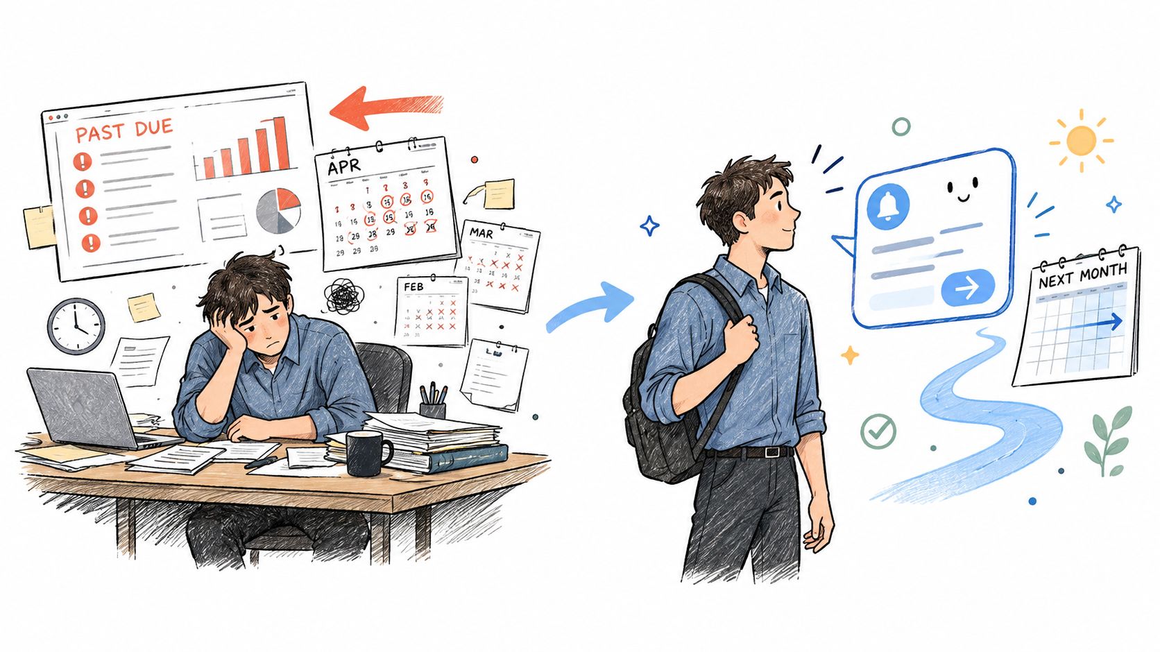 A split illustration comparing a stressed student overwhelmed by past due deadlines to a calm, organized student.
