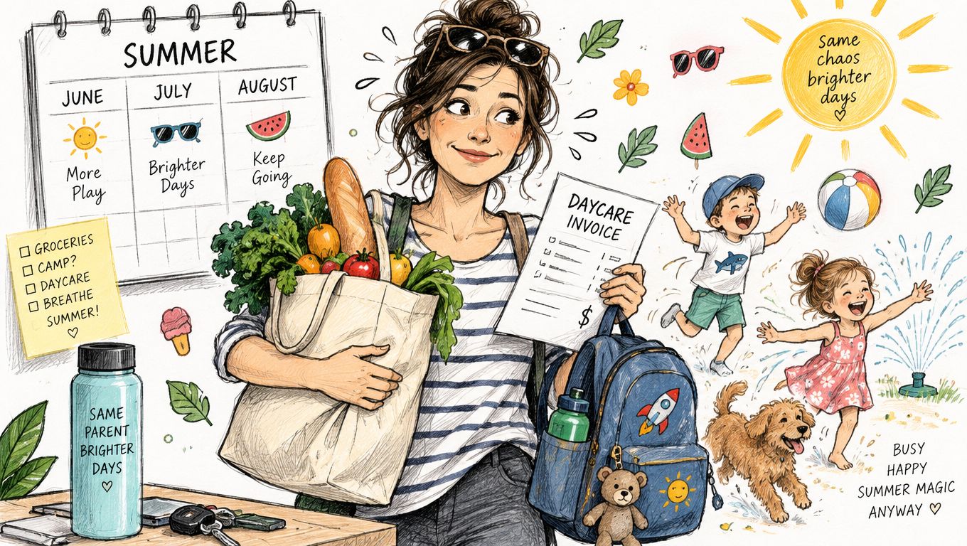 A mom juggling groceries, daycare invoices, and active children while managing busy summer family life schedules.