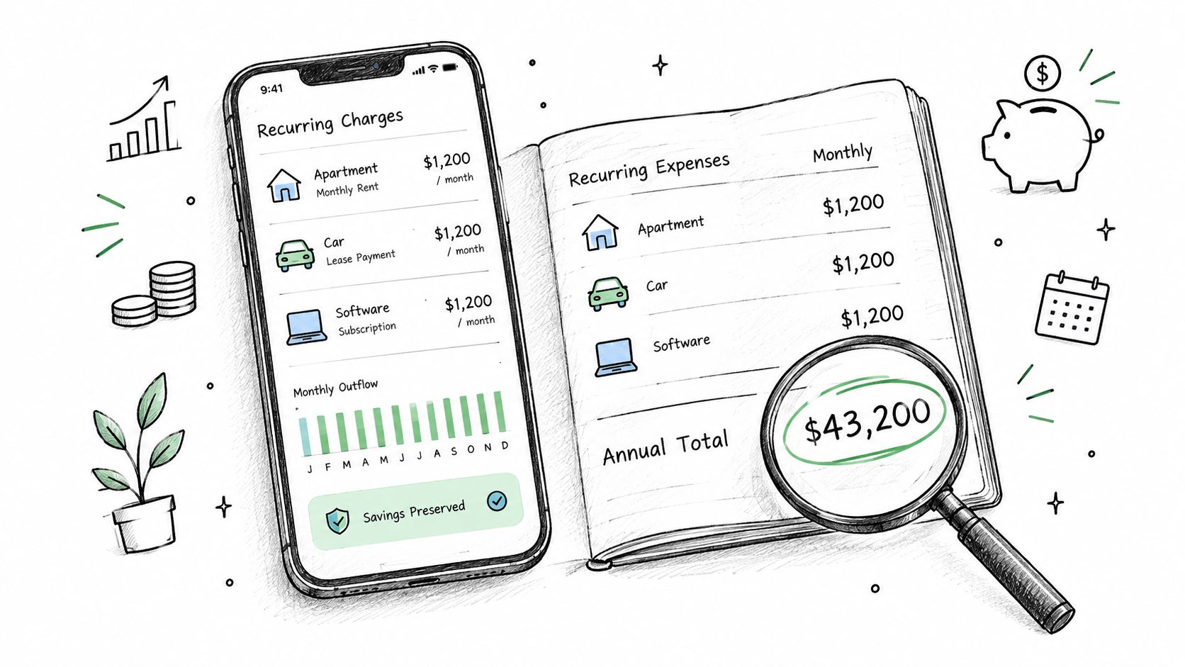 A smartphone app and notebook displaying recurring monthly expenses and an annual total calculation of finances.