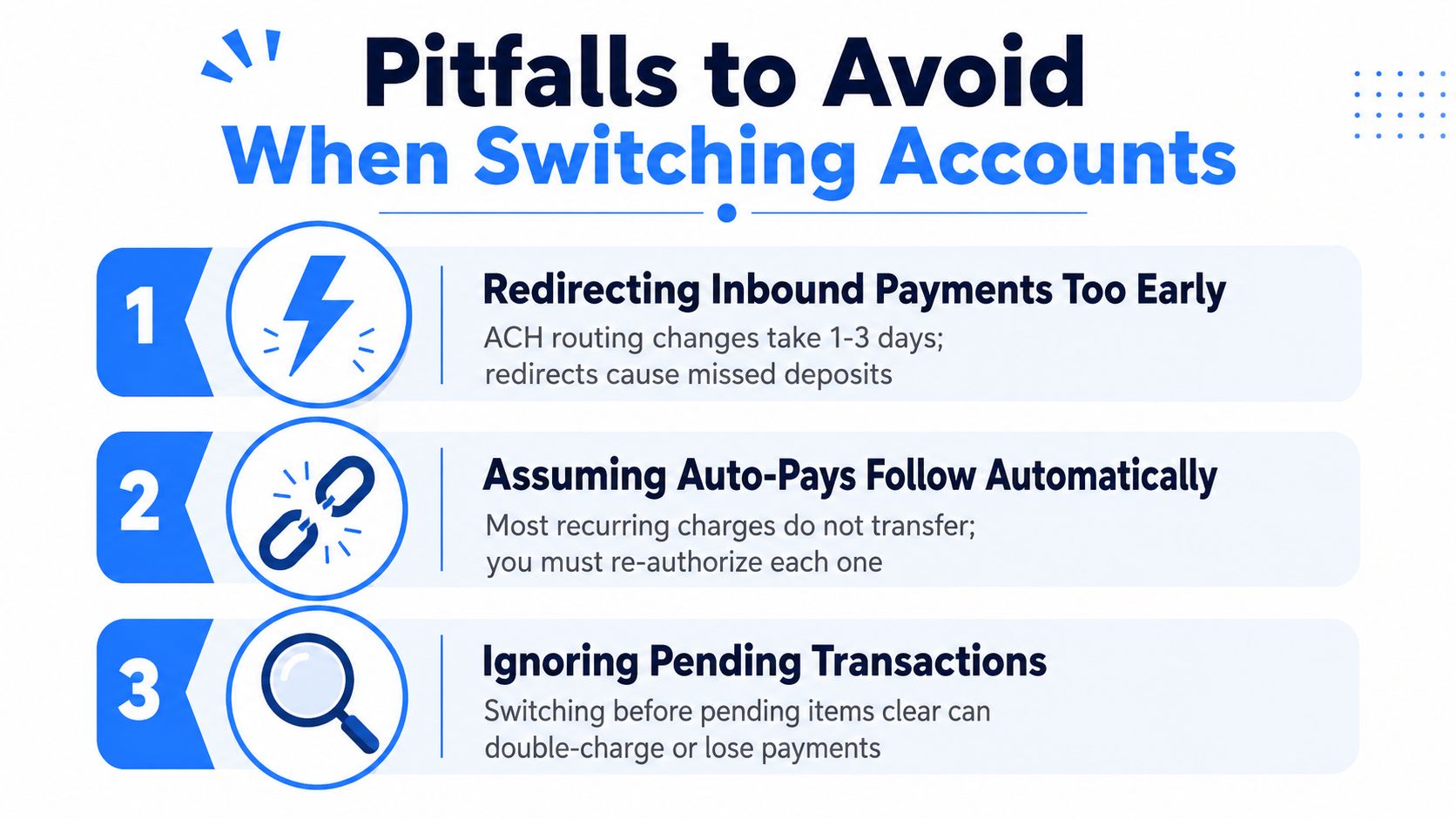 An infographic titled Pitfalls to Avoid When Switching Accounts, listing three common mistakes with banking transitions.