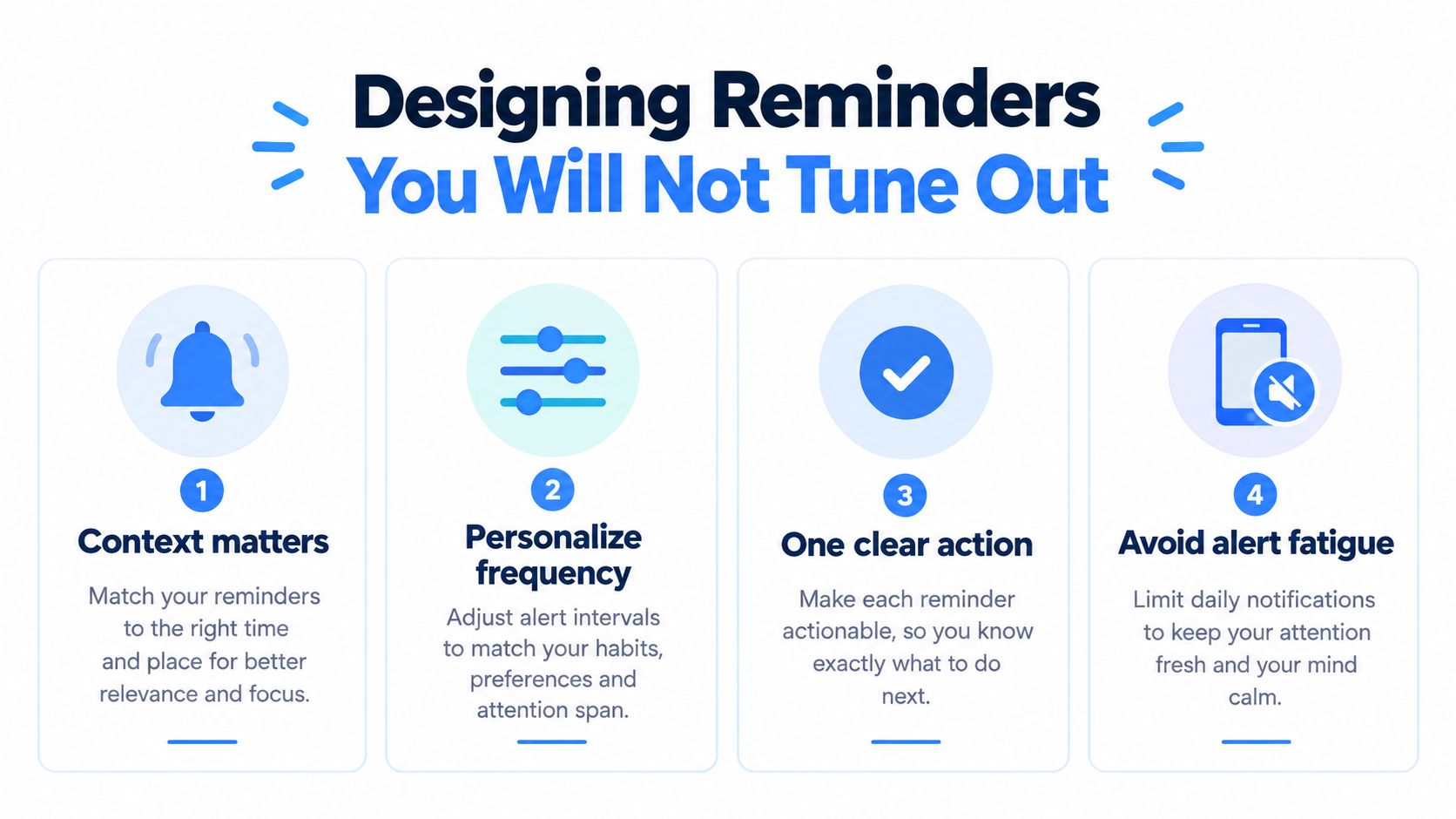 An infographic titled Designing Reminders You Will Not Tune Out with four key tips on notification design.