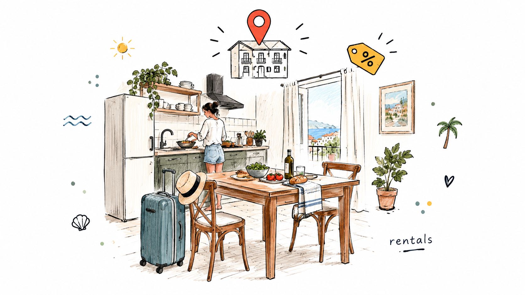 A woman cooking in a sunny kitchen with a suitcase, representing vacation rentals and travel savings.