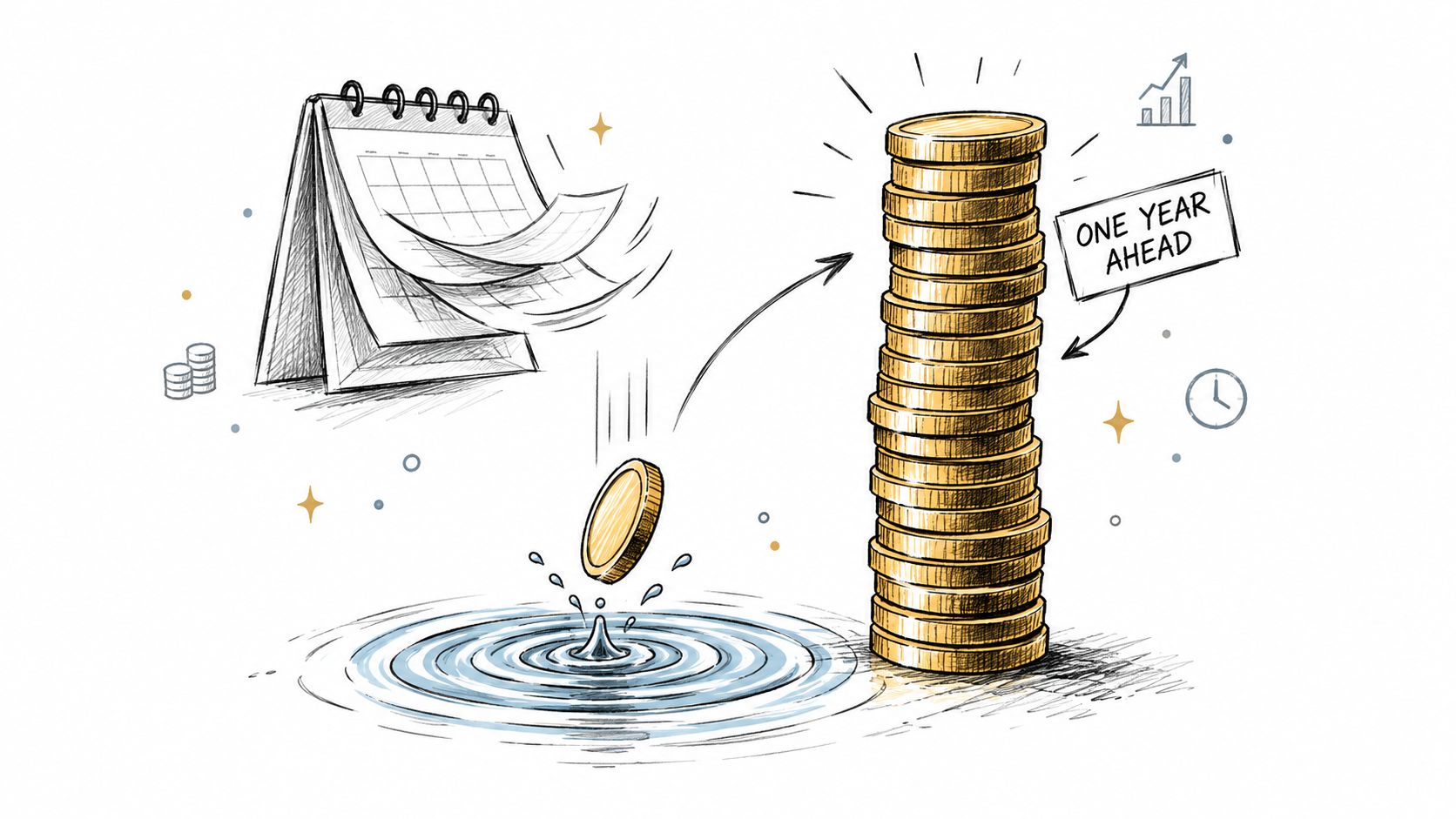 A digital illustration showing a calendar, a coin dropping into water, and a growing stack of gold coins.