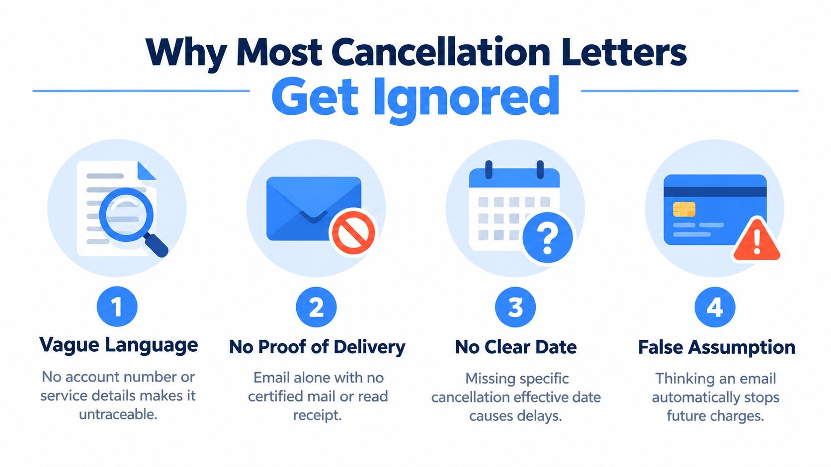 An infographic detailing four common reasons why cancellation letters fail to process effectively for subscriptions.