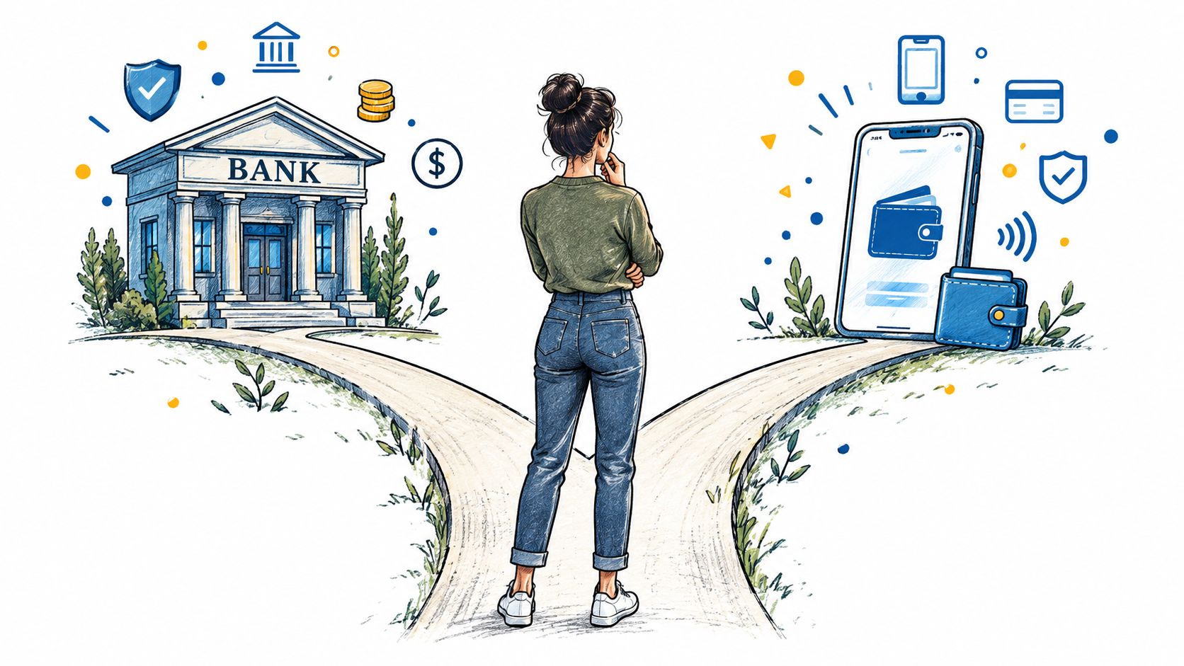 A woman stands at a crossroads choosing between a traditional bank building and mobile digital banking.