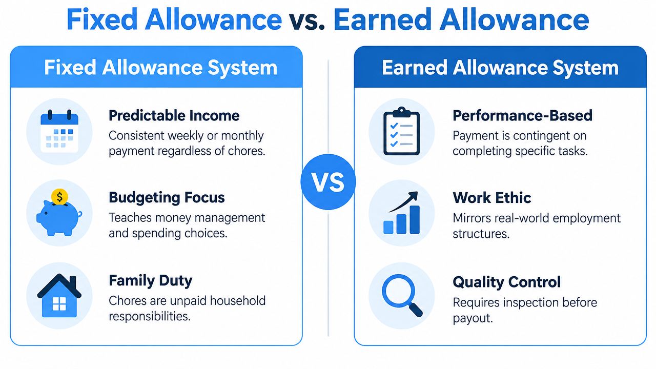 A comparison chart outlining the differences between a fixed allowance system and an earned allowance system for children.
