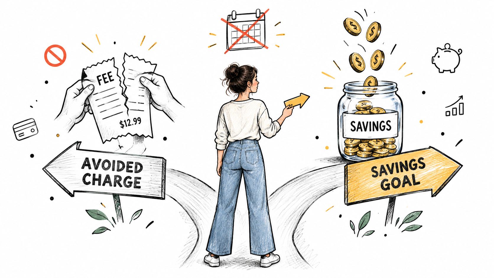 A woman stands between two paths showing how avoiding fees helps achieve personal savings goals.