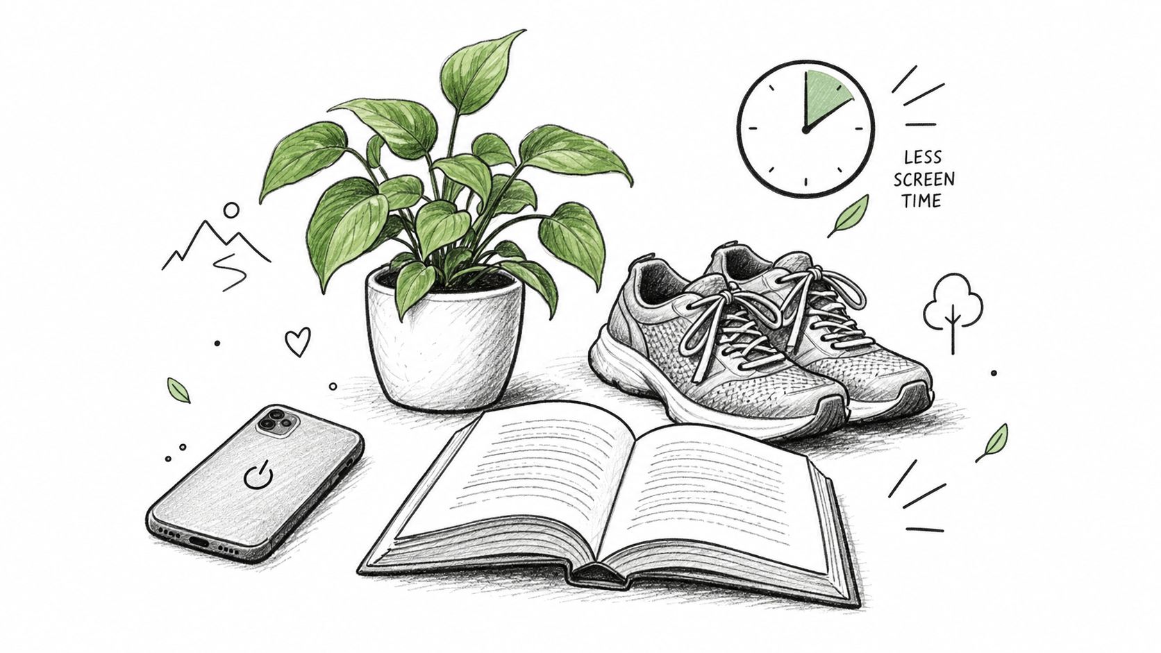 A hand-drawn sketch illustrating mindful living with a plant, running shoes, an open book, and a smartphone.