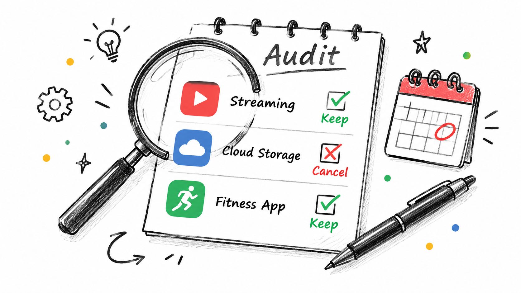 A hand-drawn illustration showing a notebook labeled Audit with items to Keep or Cancel listed.