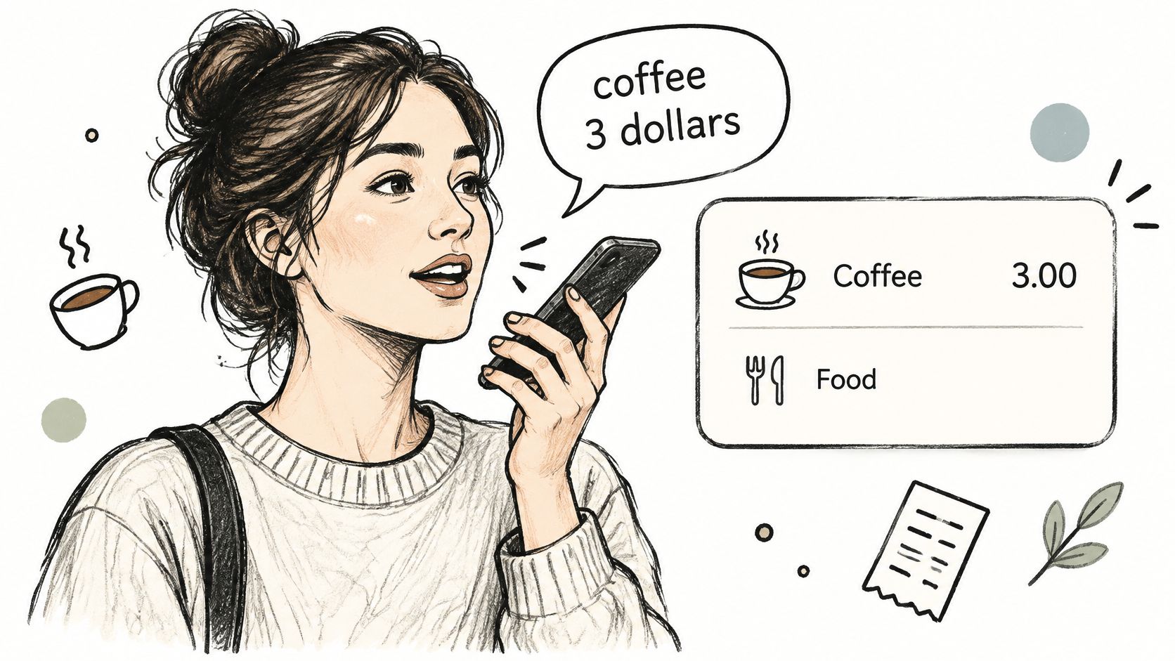 A woman using her smartphone to record a voice note about a coffee purchase for expense tracking.