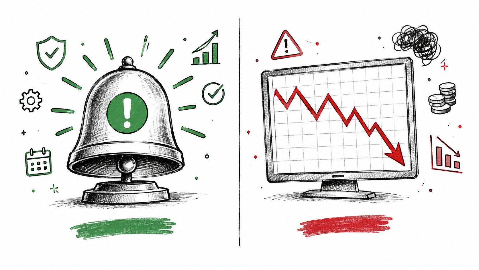 A hand-drawn illustration contrasting a green notification bell with positive growth versus a red downward market chart.