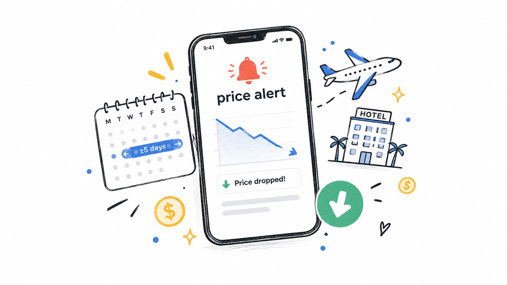 A digital illustration showing a mobile phone with a travel price alert notification and calendar icon.