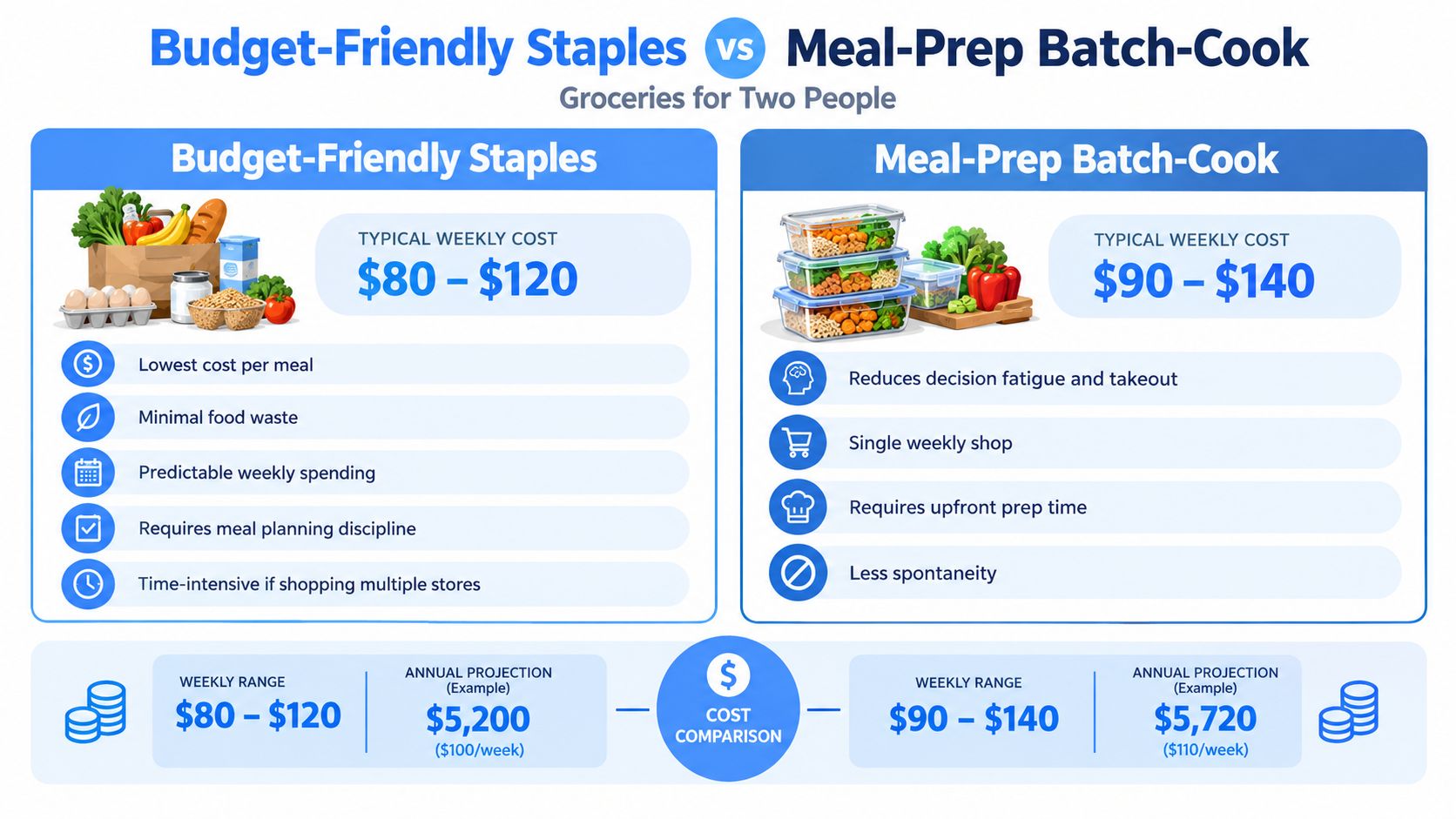 A comparison infographic between budget-friendly grocery staples and meal-prep batch-cooking methods for two people.