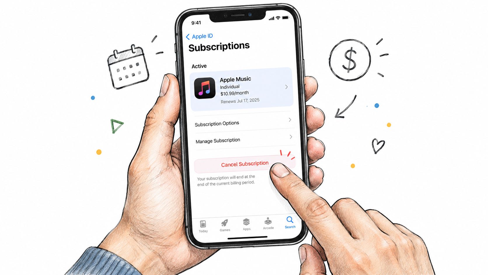 A hand tapping the Cancel Subscription button on an Apple iPhone displaying active subscription settings.