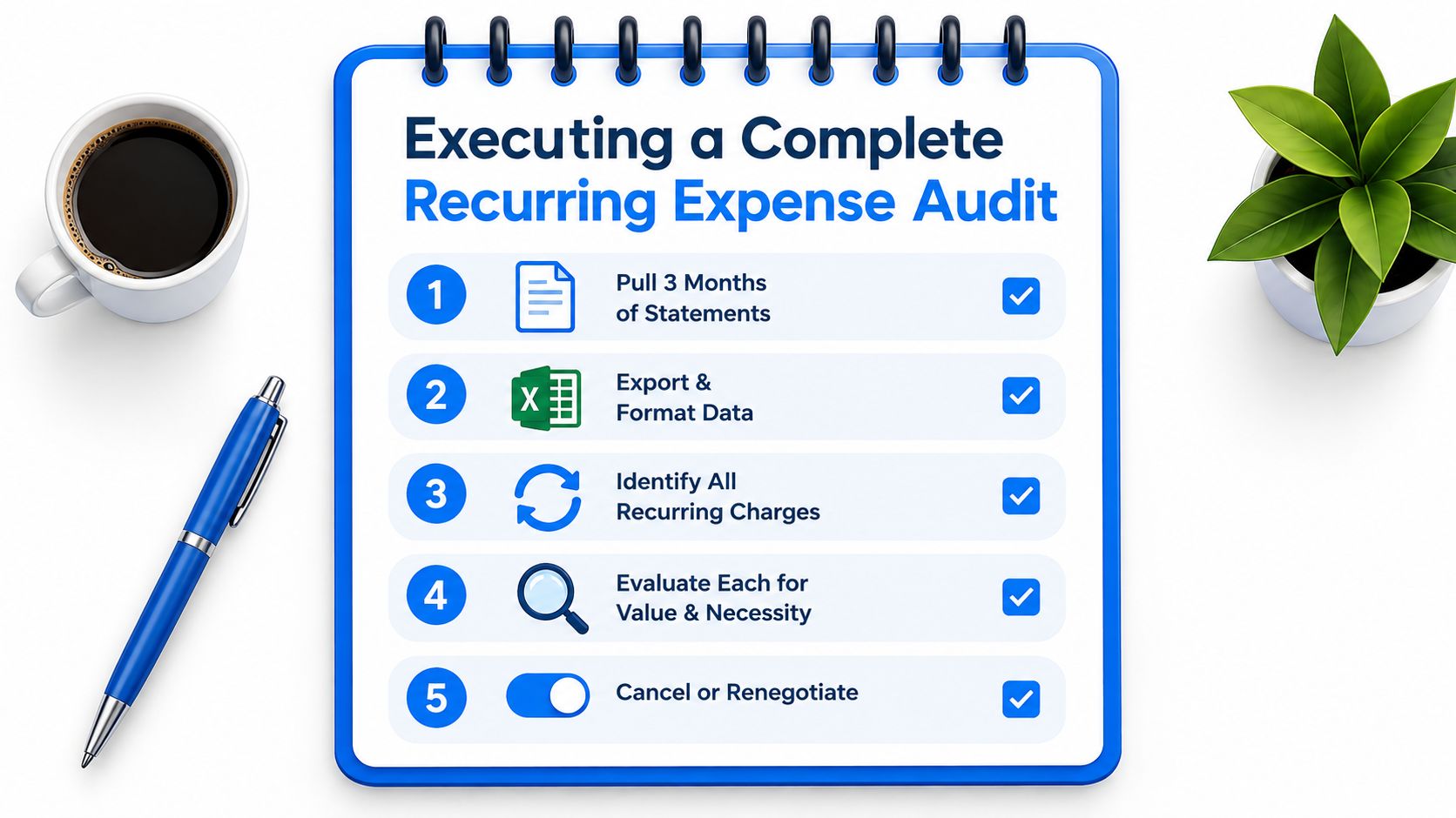 A checklist on a notepad for executing a complete recurring expense audit including five simple steps.