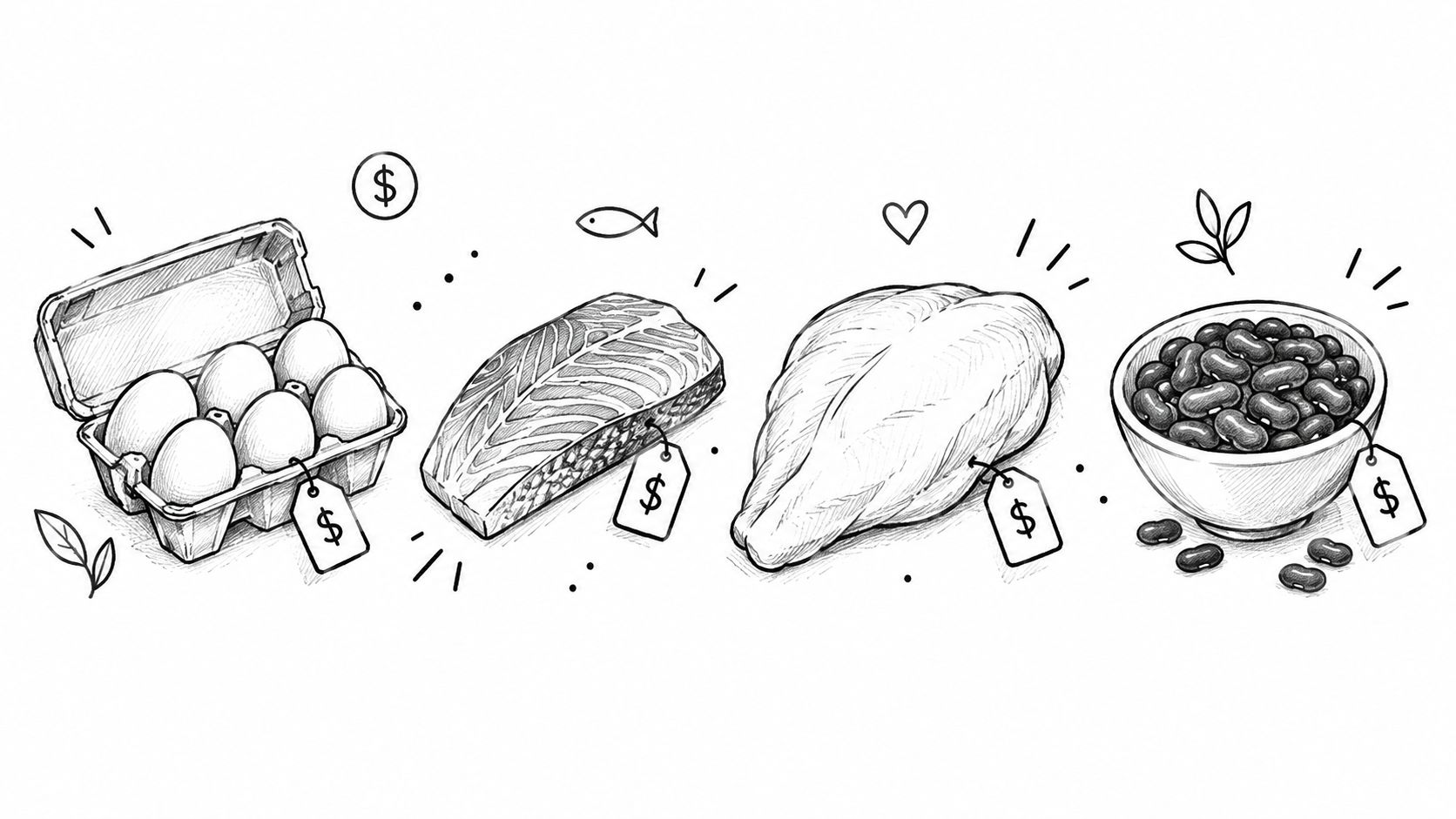A line-art illustration showing protein sources including eggs, fish, chicken, and beans with price tags attached.
