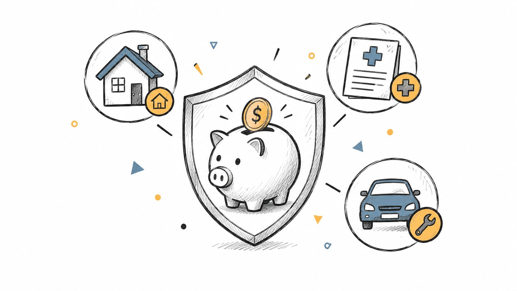 A piggy bank inside a shield icon representing financial security for housing, medical needs, and car maintenance.