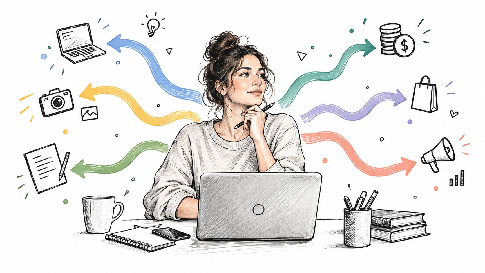 A creative professional sits at a desk with a laptop surrounded by illustrated business icons and arrows.