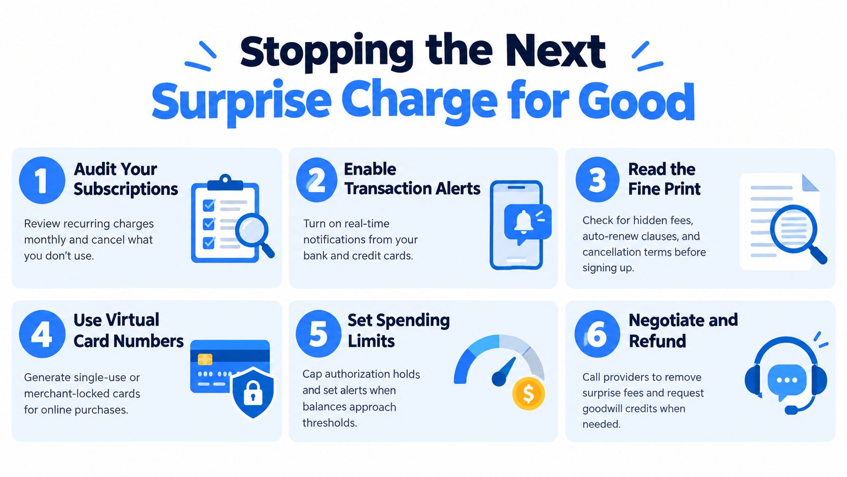 A hand-drawn sketch infographic outlining four tips to help users stop surprise subscription charges for good.