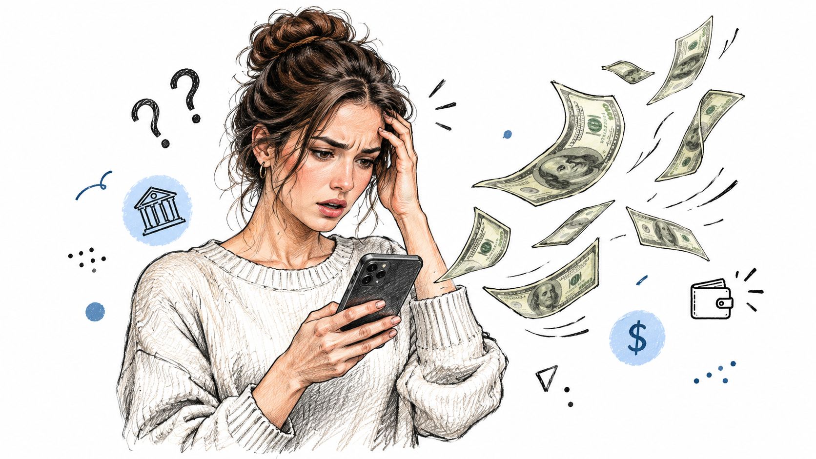 A concerned woman holding a smartphone while digital dollar bills float away from her screen.