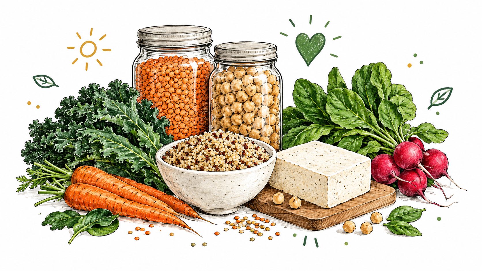 An illustration showing various healthy whole foods including fresh vegetables, tofu, quinoa, and jars of legumes.