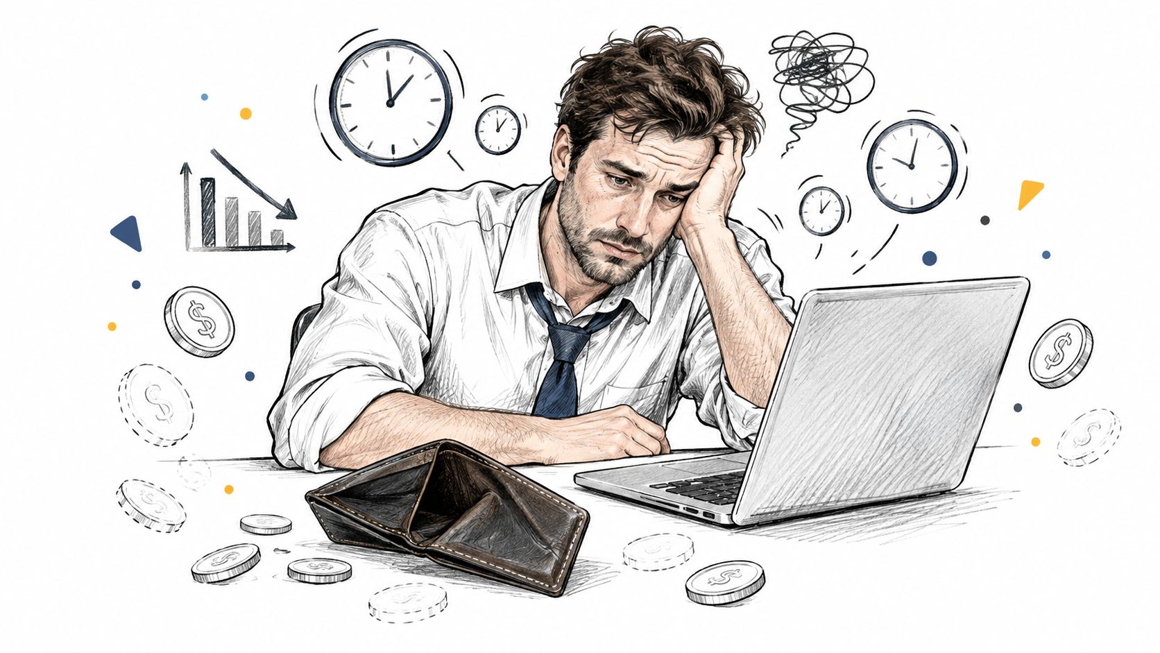 A stressed man looking at a laptop with an empty wallet and falling financial charts surrounding him.