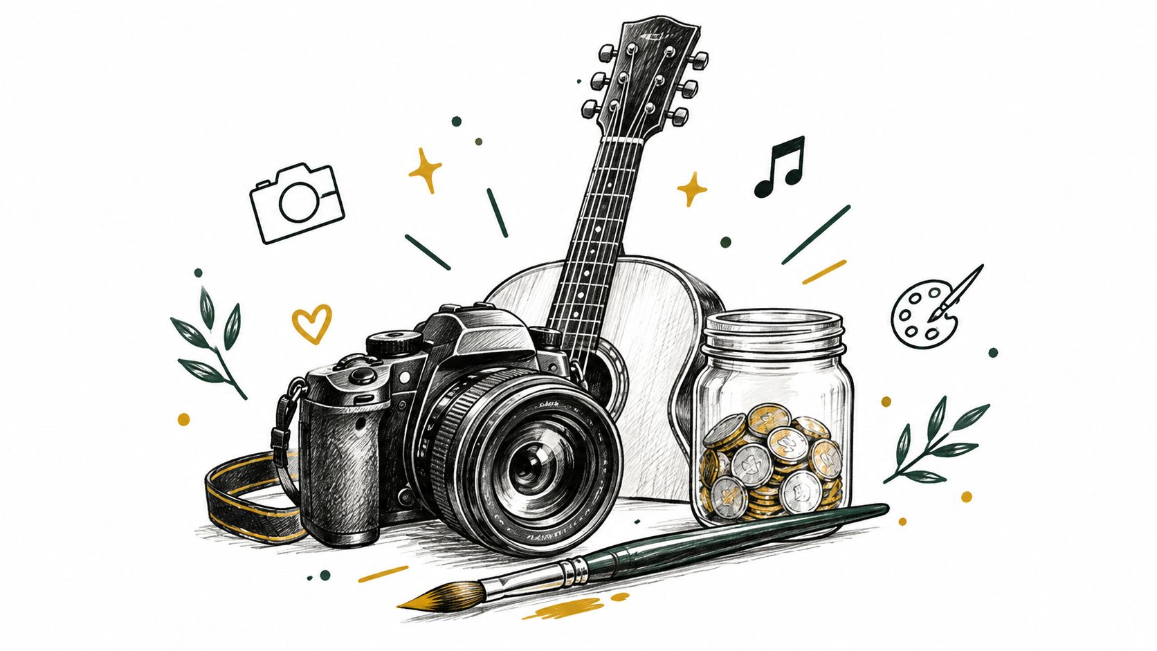 A hand-drawn illustration featuring a camera, guitar, paintbrush, and a jar filled with coins.