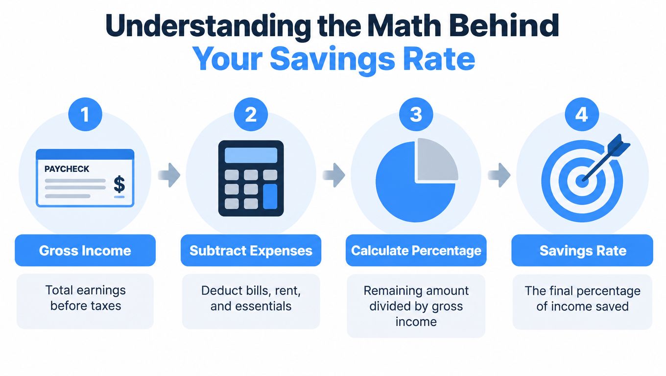 An infographic showing four steps to calculate savings rate by using income, expenses, and percentage division.