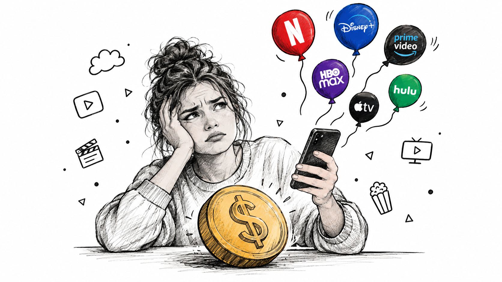 A sketched illustration of a woman looking overwhelmed by multiple streaming service subscription costs represented by balloons.