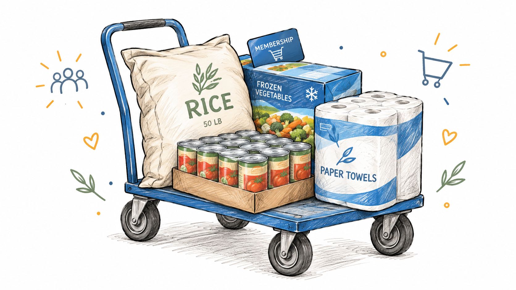 A flatbed cart loaded with bulk groceries including rice, canned vegetables, frozen produce, and paper towels.