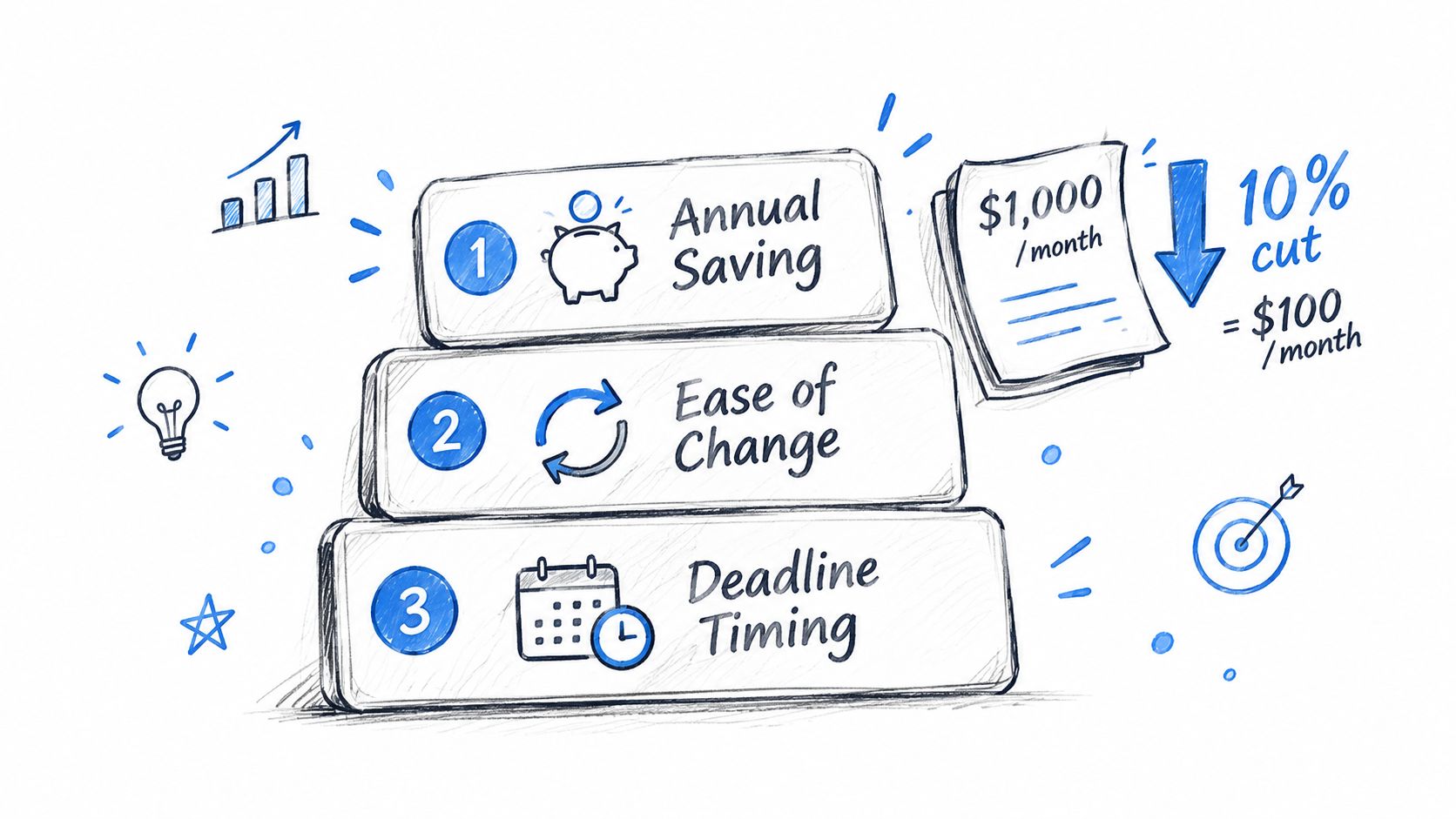 A hand-drawn illustration showing a three-step process to lower my bill, including savings and deadline tips.