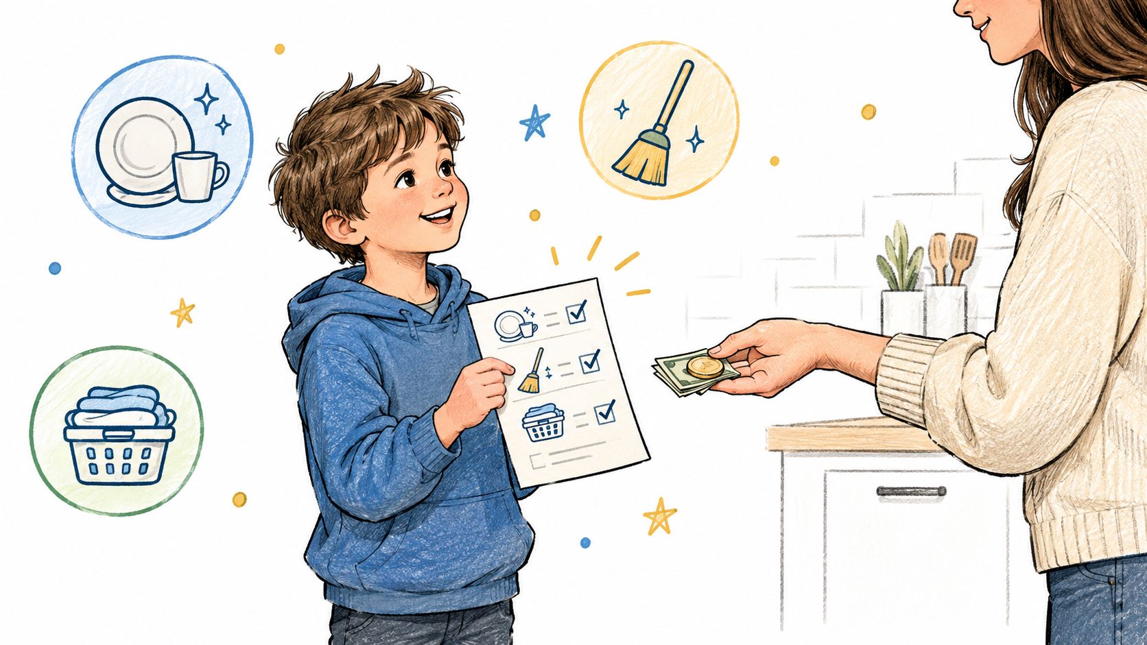 A young boy presents a completed chore checklist to his mother who is handing him money.