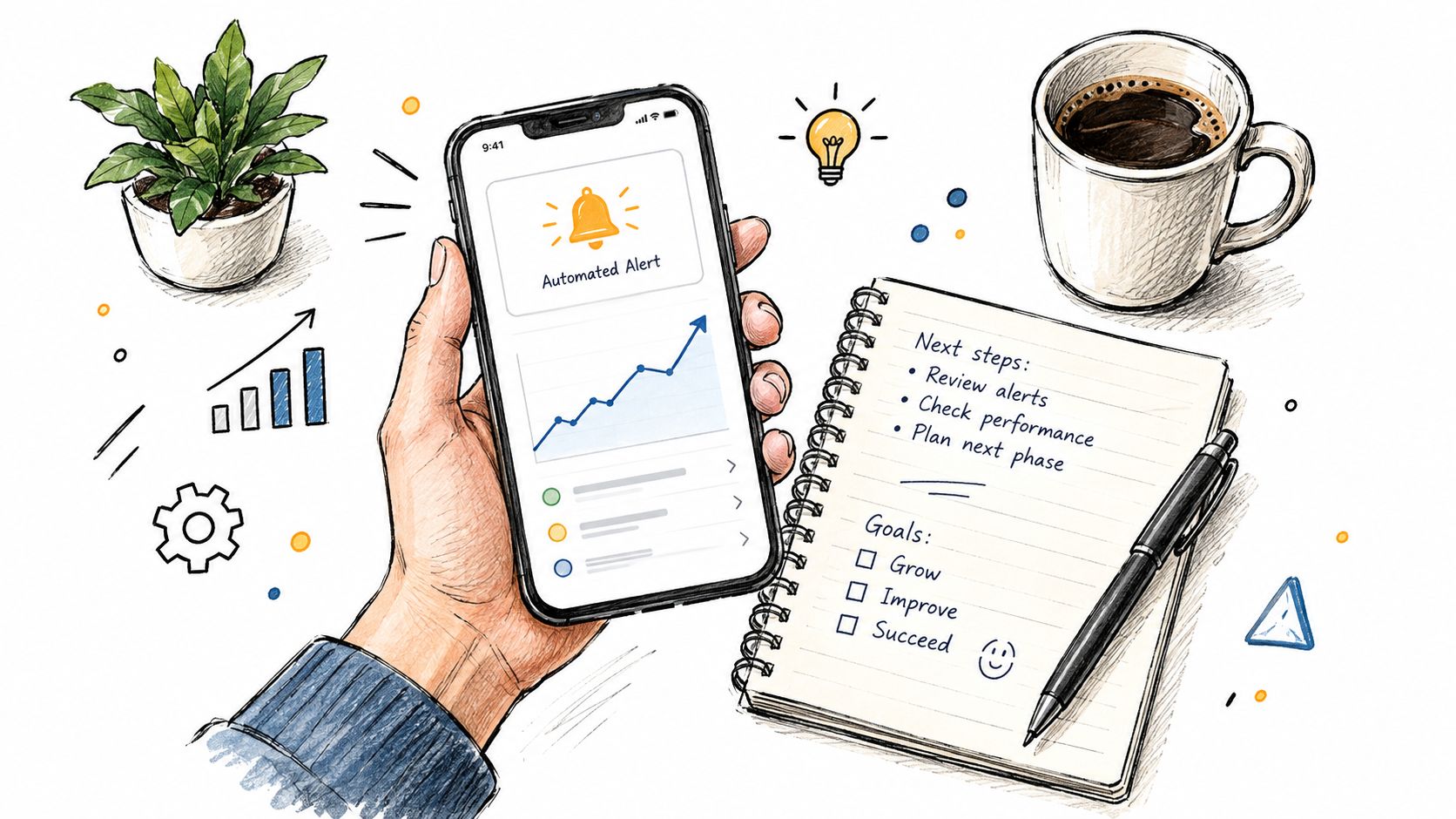 A hand holding a smartphone showing an automated alert with a notebook, pen, and coffee nearby.