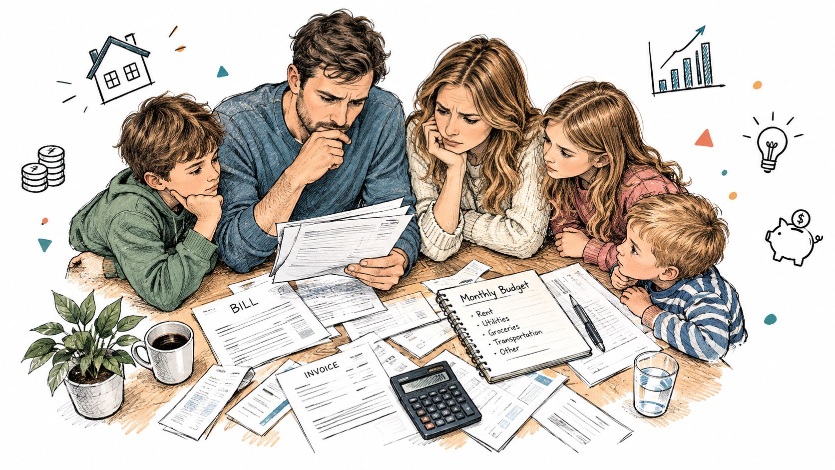 A concerned family of five sits around a table reviewing monthly bills and financial budget documents together.