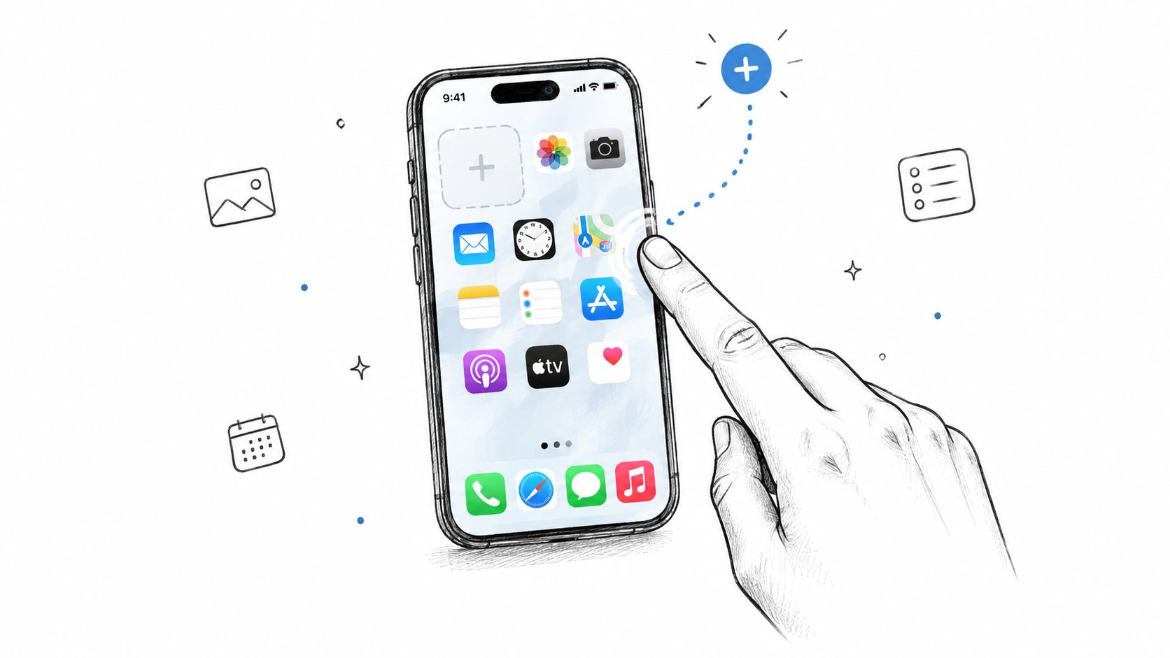 A hand gesture interacting with an iPhone screen to add a widget to the home screen.