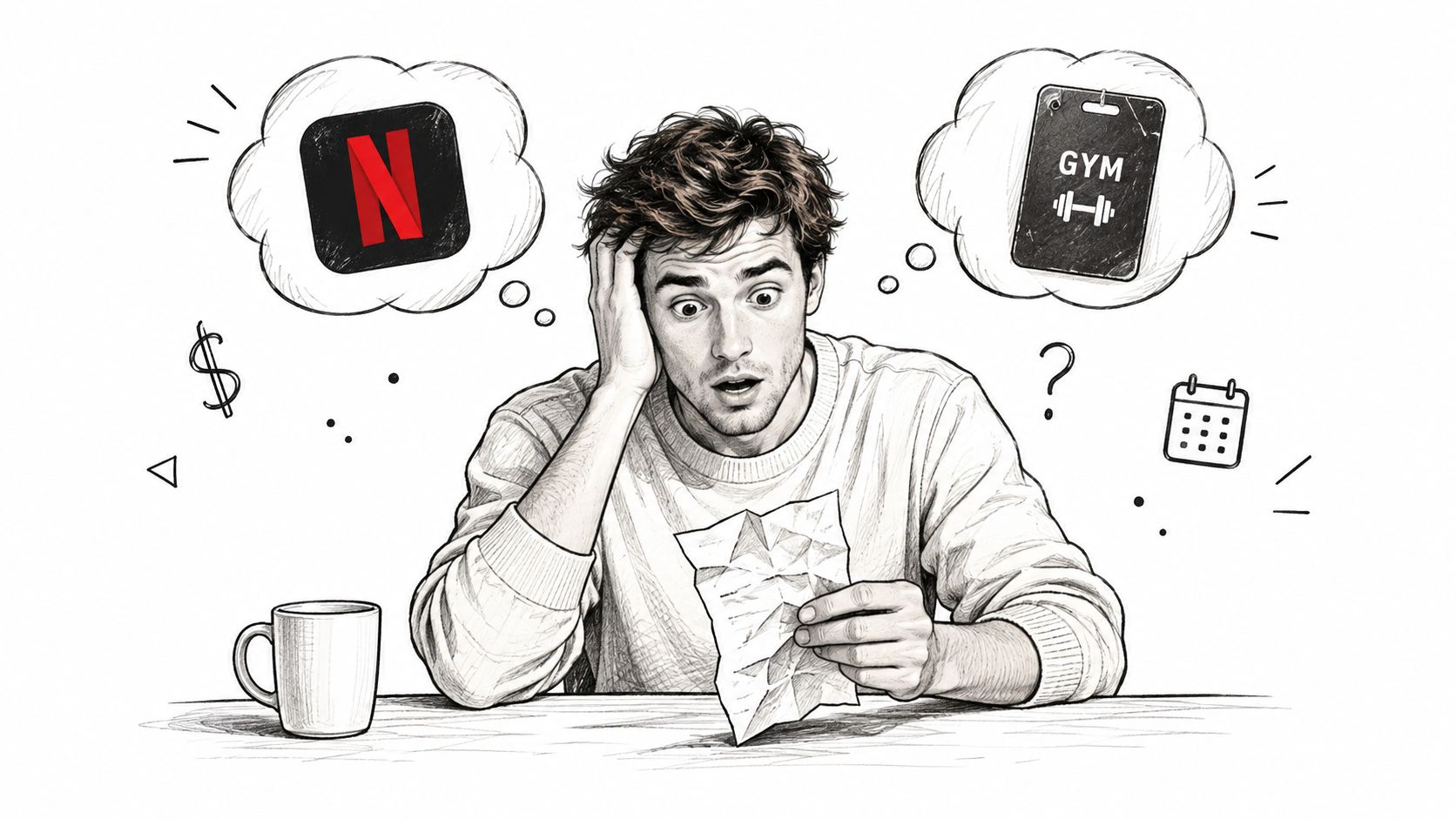 A man looking stressed at a crumpled bill while contemplating Netflix subscription and gym membership costs.